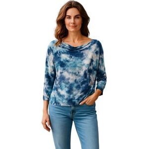 Three Bird Nest Medium Blue White Tie Dye Top Cowl Neck Waffle Knit USA MADE